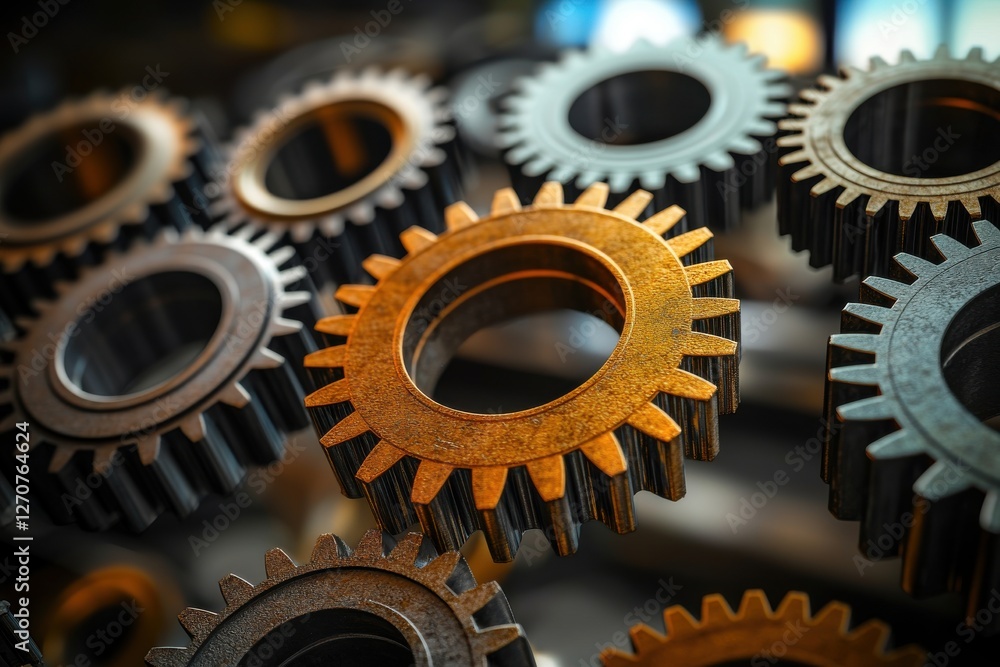 A detailed view of several intricate metal gears, showcasing engineering precision and teamwork, representing industrial processes and mechanical interconnectedness, golden. A detailed view of several intricate metal gears, showcasing engineering precision and teamwork, representing industrial processes and mechanical interconnectedness, golden.