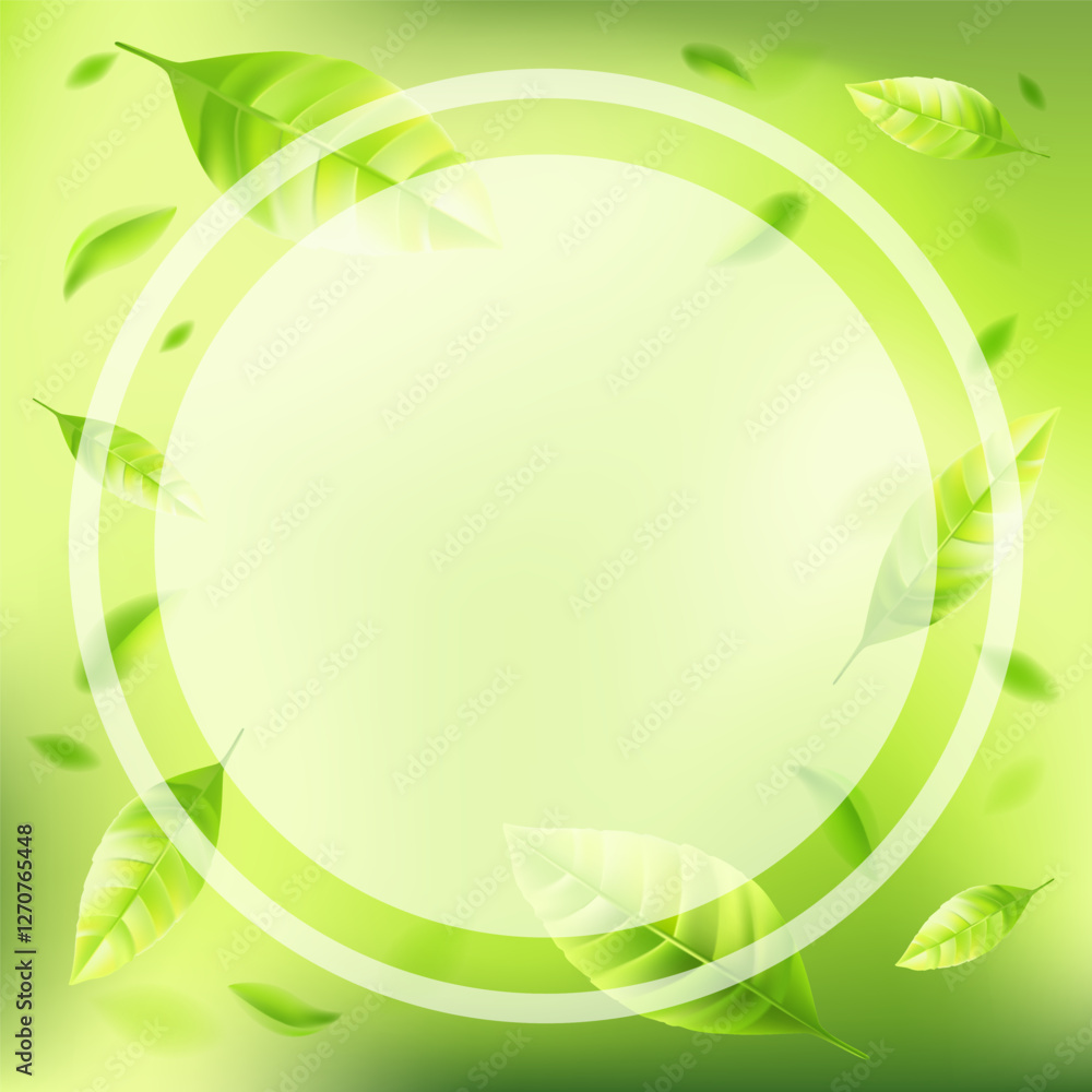 Juicy fresh green leaves and round transparent frame on blurred gradient background. Square banner with copy space for social media post. Vector illustration. Juicy fresh green leaves and round transparent frame on blurred gradient background. Square banner with copy space for social media post. Vector illustration.