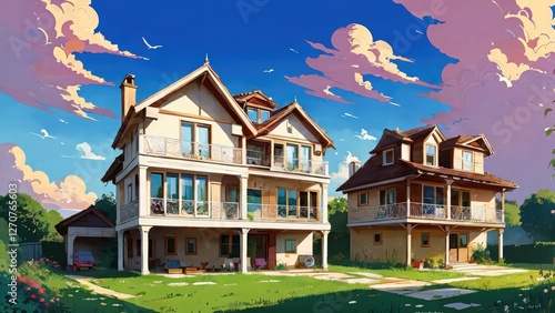 Illustration, a house, garden, lots of clouds