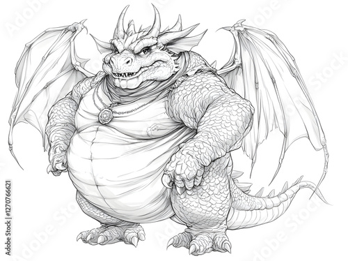 Chubby faty dragon with intricate scales, wings, and regal expression, blending fantasy and artistry sketch engraving generative ai raster illustration. Scratch board imitation. Black and white image photo