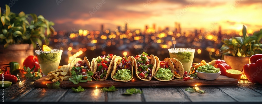 Naklejka premium A vibrant sunset scene featuring a variety of delicious tacos, garnished with fresh ingredients and accompanied by refreshing drinks, set against a city skyline.