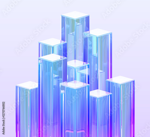 Abstract 3d background with glass holographic transparent rectangle cube pillars, crystal rainbow columns. Neon gradient rectangular block pattern. Render digital tech banner bg. 3D illustration