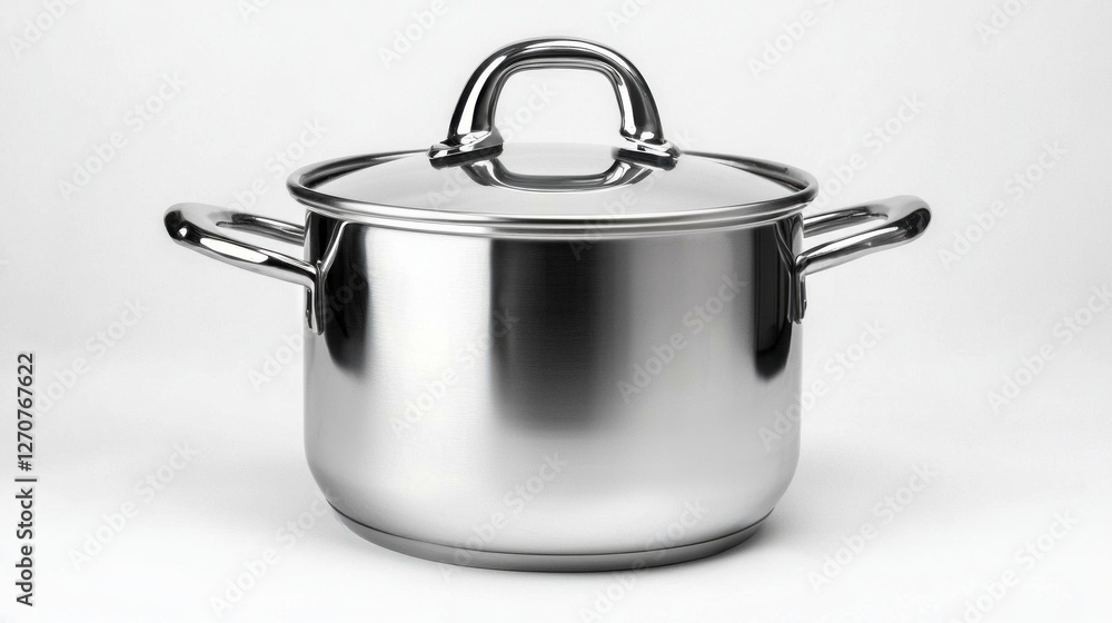 This stainless steel pot stands alone against a white backdrop, highlighting its polished surface and practical yet elegant design. Ideal for any cooking enthusiast, it adds style to the kitchen This stainless steel pot stands alone against a white backdrop, highlighting its polished surface and practical yet elegant design. Ideal for any cooking enthusiast, it adds style to the kitchen