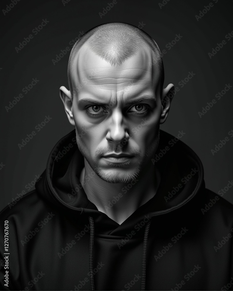 Obraz premium A striking black and white portrait of a man with a serious expression, wearing a hoodie, showcasing intense facial features and dramatic lighting.
