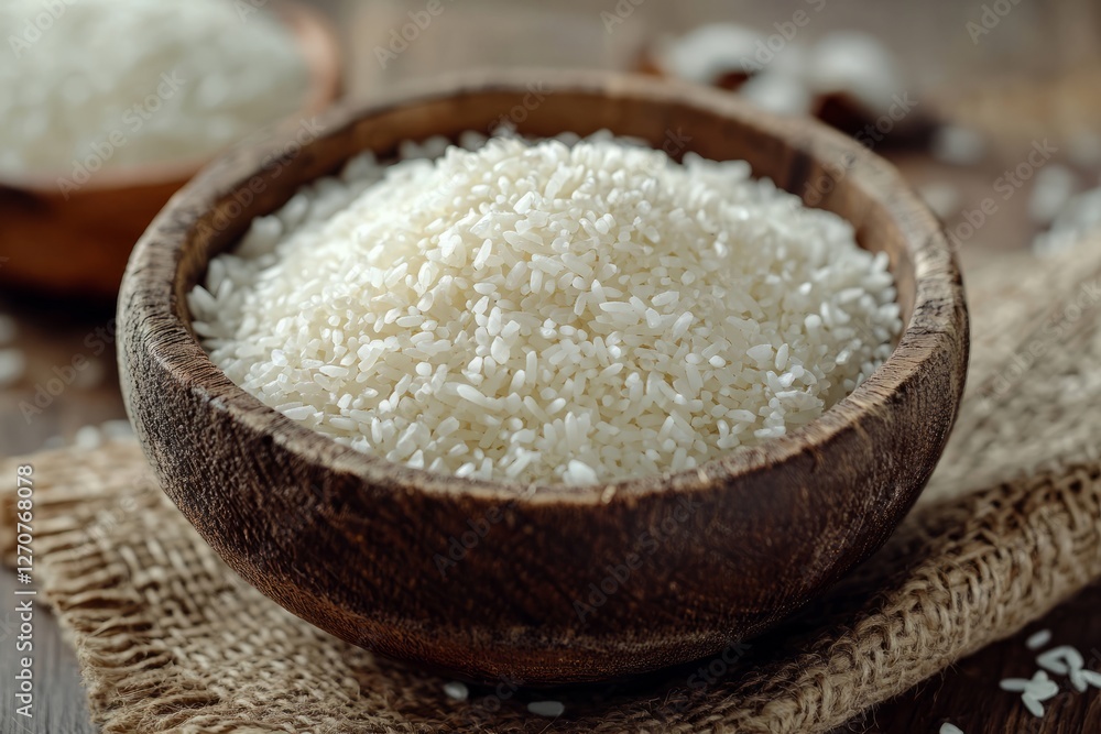 Wooden bowl is overflowing with uncooked white rice grains, sitting on a rustic wooden table with burlap, creating a cozy and wholesome scene Wooden bowl is overflowing with uncooked white rice grains, sitting on a rustic wooden table with burlap, creating a cozy and wholesome scene