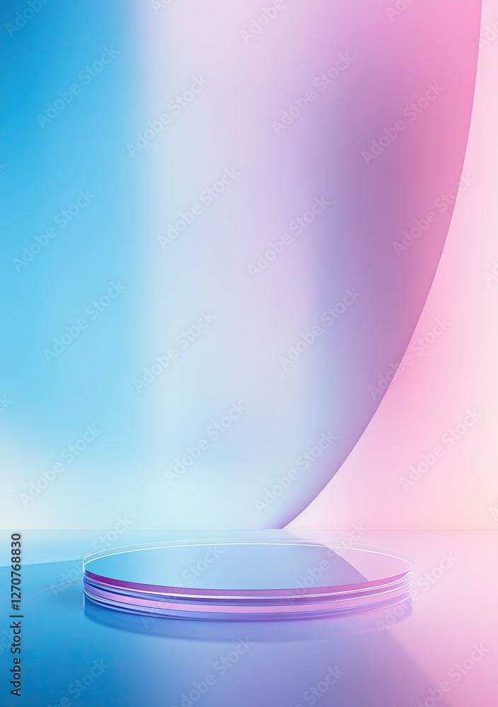 Circular glass platform with iridescent reflections on a gradient blue and pink background. Circular acrylic podium mockup Circular glass platform with iridescent reflections on a gradient blue and pink background. Circular acrylic podium mockup