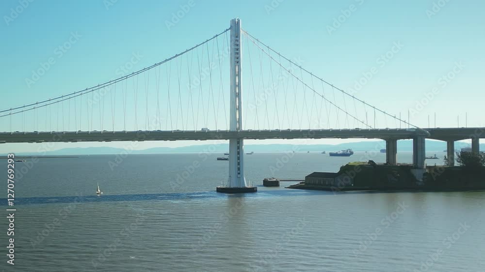 Static drone shot close to San Francisco-Oakland Bay Bridge with blue sky in California, USA Static drone shot close to San Francisco-Oakland Bay Bridge with blue sky in California, USA