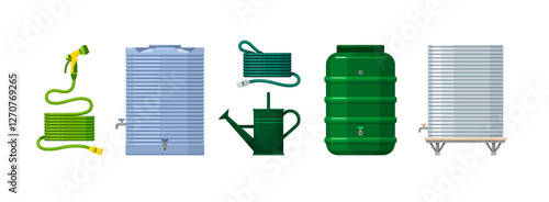 Hoses, tanks and barrel for rain water storage in garden. Big metal and plastic reservoirs with taps, watering can and rubber pipes for irrigate plants, vector cartoon set isolated on white background