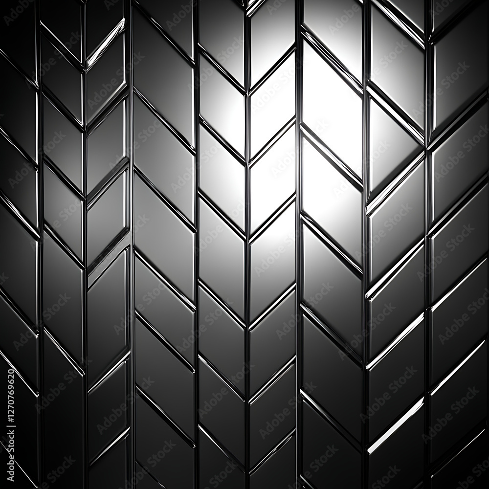 Obraz premium Metallic Tiles Arranged in a Chevron Pattern Creating a Reflective Design with Shadows and Light
