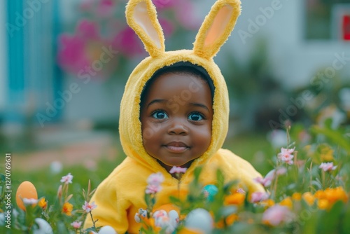 Little child in yellow hooded bunny costume smiling in colorful flower garden celebrating easter photo