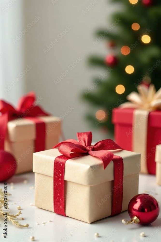 A Festive Arrangement of Wrapped Presents with Ornaments and a Decorated Tree in the Background A Festive Arrangement of Wrapped Presents with Ornaments and a Decorated Tree in the Background