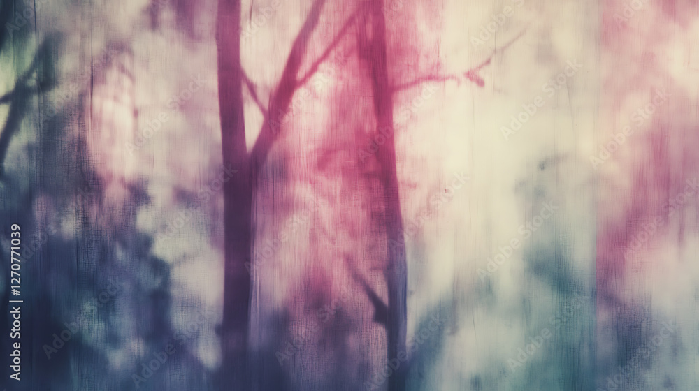 Obraz premium Misty Dreamscape Through a Tree Canopy with Soft Pink and Teal Tones in Watercolor Texture