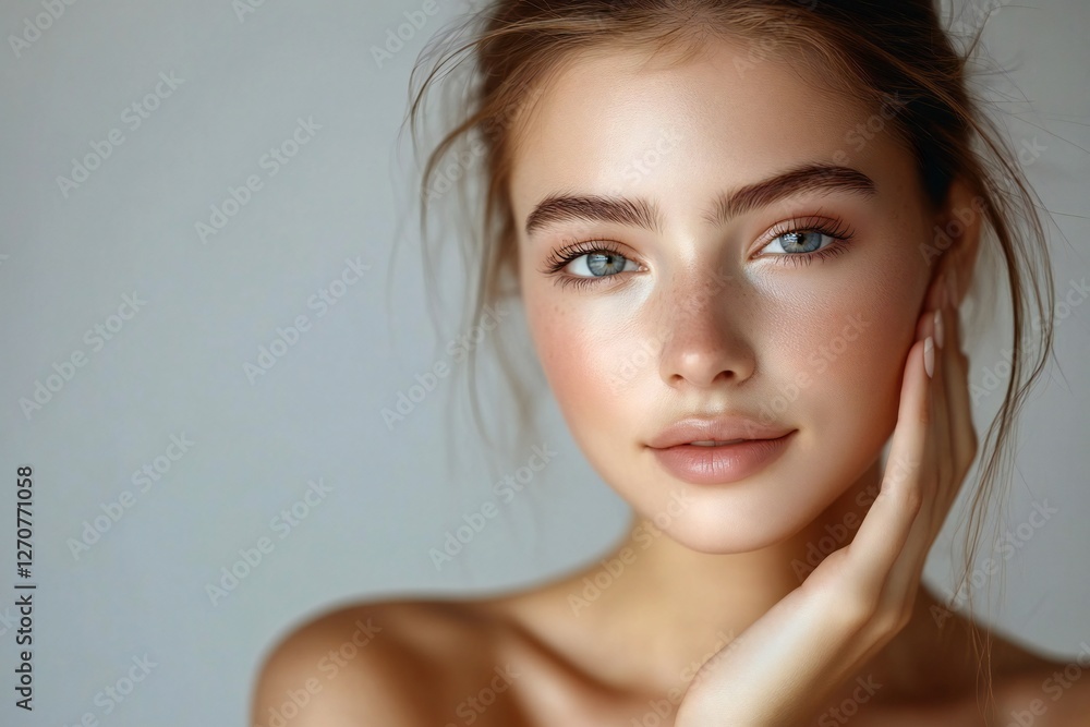 A young woman with flawless, glowing skin gently touches her face, radiating natural beauty and softness. Perfect for skincare, wellness, and beauty concepts, emphasizing health, self-care A young woman with flawless, glowing skin gently touches her face, radiating natural beauty and softness. Perfect for skincare, wellness, and beauty concepts, emphasizing health, self-care