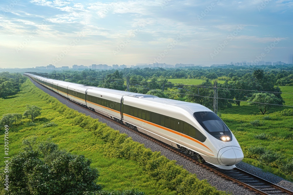 Fototapeta premium A sleek high-speed train travels through a lush green landscape under a bright sky, showcasing modern transportation in harmony with nature.