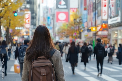 Woman walking in busy Tokyo street, autumn