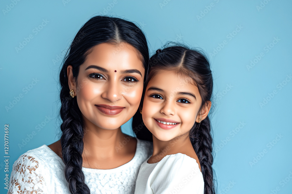 Indian Mother and Daughter Smiling, Sharing One Braid of Long Black Hair Indian Mother and Daughter Smiling, Sharing One Braid of Long Black Hair