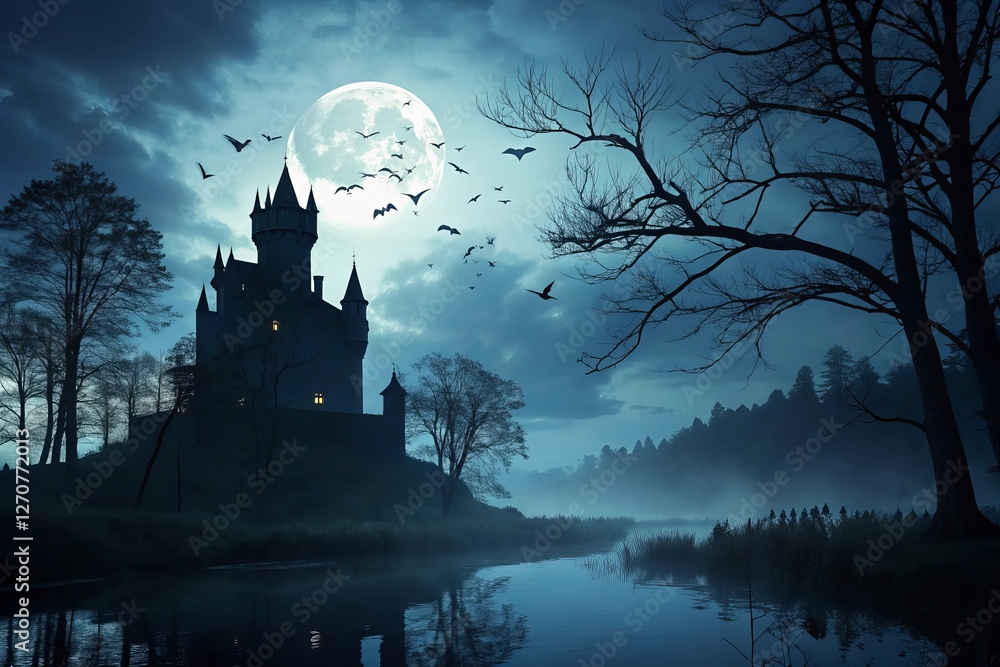Fototapeta premium A Halloween scene with a large moon in the background and bats flying around.