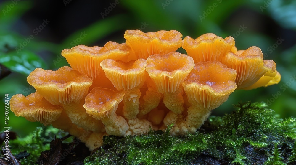 Orange Mushrooms Cluster on Forest Floor Orange Mushrooms Cluster on Forest Floor