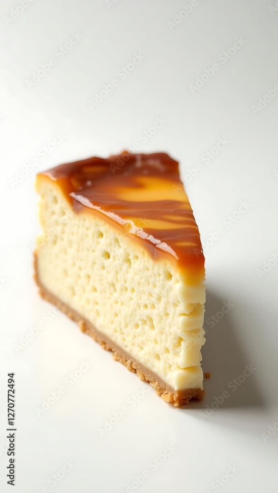 Delicious slice of caramel cheesecake with a golden topping served on a plain background Delicious slice of caramel cheesecake with a golden topping served on a plain background