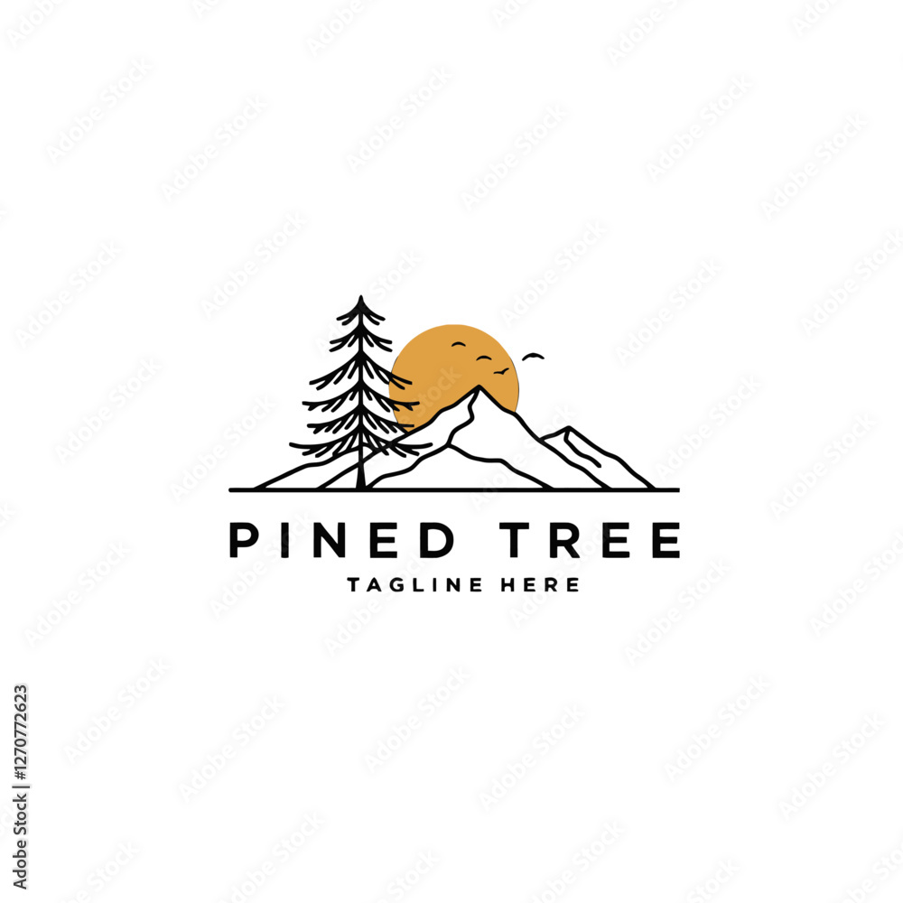 Obraz premium Minimalist Illustration of Pine Tree, Mountains and Sunset in Elegant Design