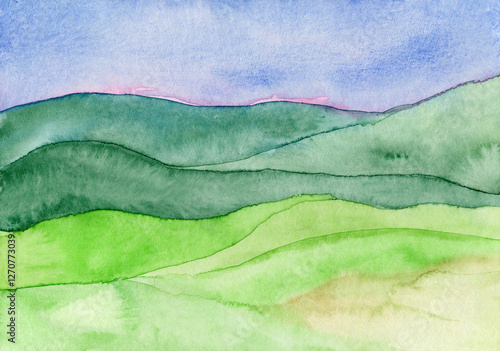 Watercolor landscape painting on paper depicting green hills and a blue sky