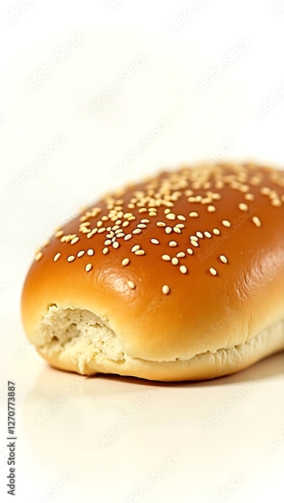 Closeup of a sesame seed bun showcasing its texture and golden crust Closeup of a sesame seed bun showcasing its texture and golden crust