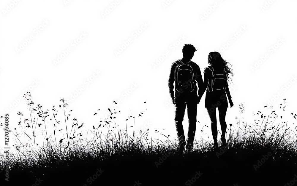 Couple Hiking in Meadow Silhouette Couple Hiking in Meadow Silhouette