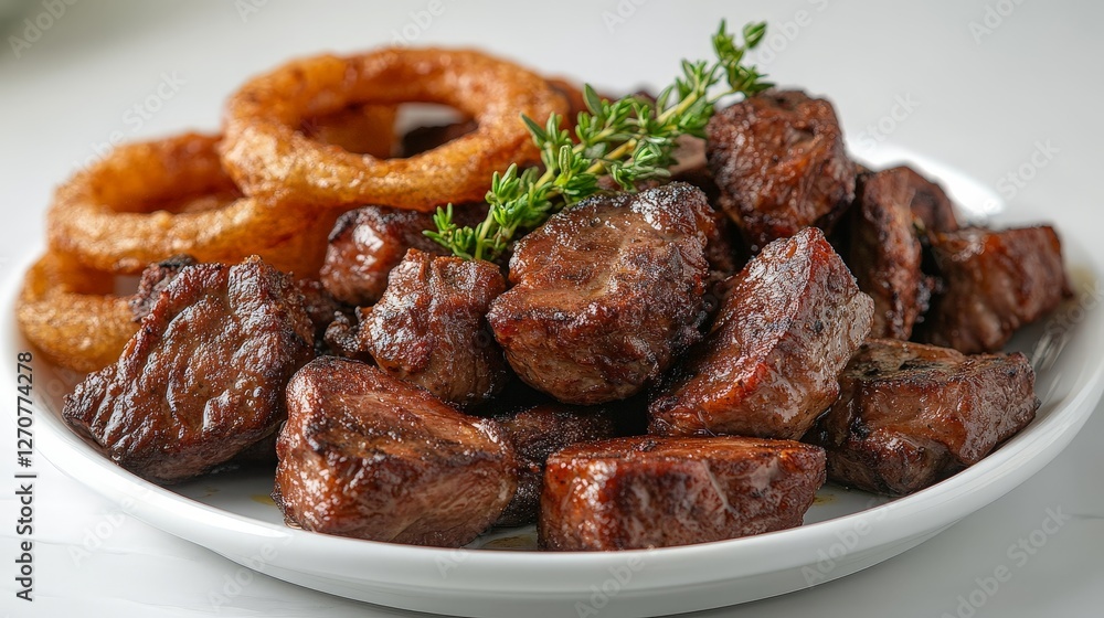 A plate of succulent grilled beef chunks accompanied by crispy onion rings and fresh herbs. A plate of succulent grilled beef chunks accompanied by crispy onion rings and fresh herbs.