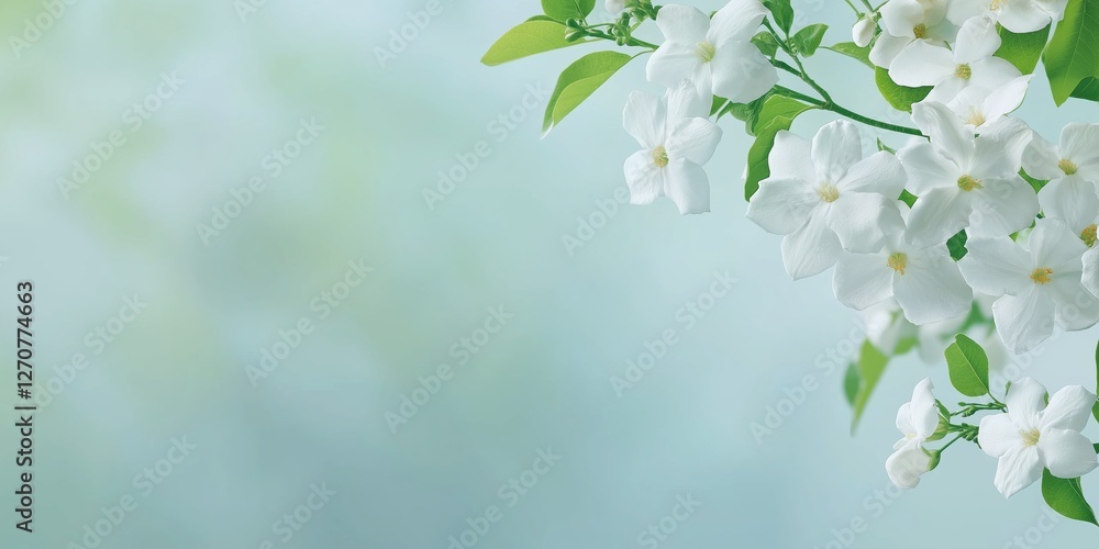Fototapeta premium A white flower with green leaves is in the foreground of a blue background. The flower is the main focus of the image, and the blue background creates a calming and serene atmosphere