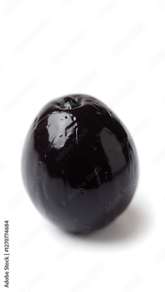 Closeup of a glossy black olive highlighting its rich texture and color Closeup of a glossy black olive highlighting its rich texture and color