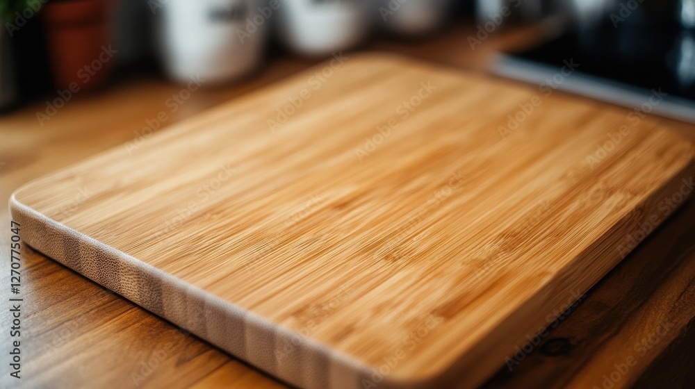 Clean bamboo cutting board on kitchen counter Clean bamboo cutting board on kitchen counter
