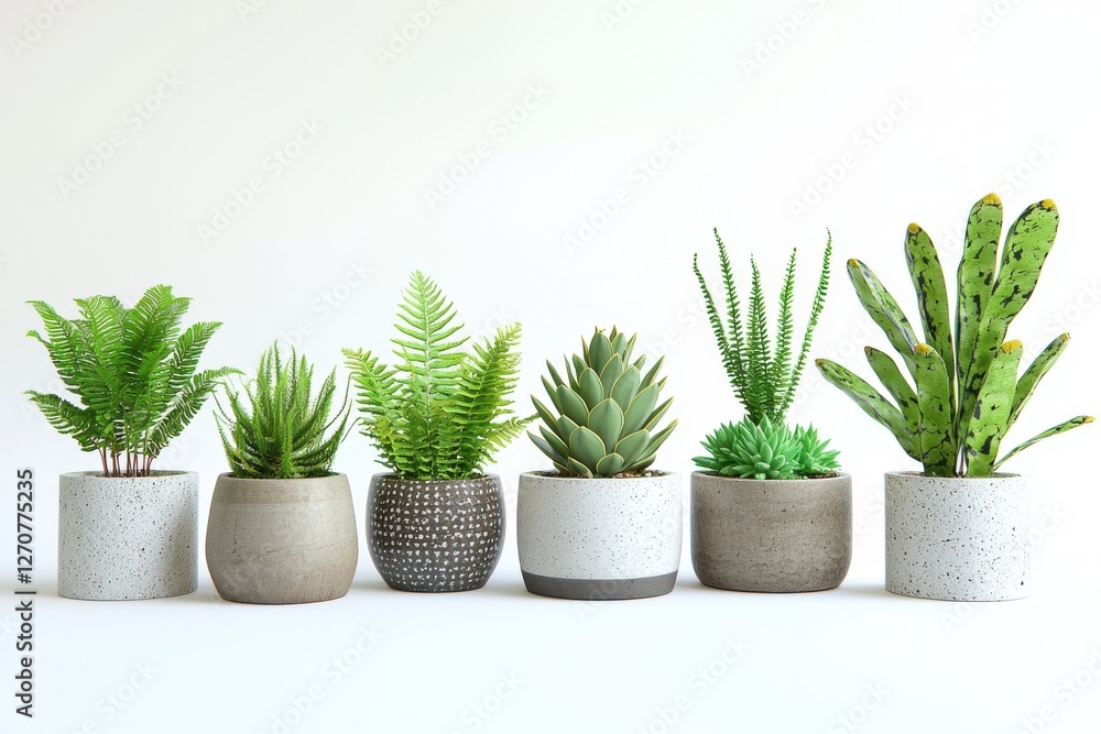 A diverse collection of potted plants arranged in a row against a white background, showcasing various textures and shades of green, perfect for minimalist interior decor. A diverse collection of potted plants arranged in a row against a white background, showcasing various textures and shades of green, perfect for minimalist interior decor.