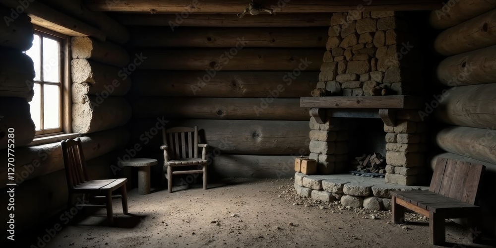 Rustic Cabin Interior with Stone Fireplace and Wooden Furniture, Bathed in Soft Light Rustic Cabin Interior with Stone Fireplace and Wooden Furniture, Bathed in Soft Light