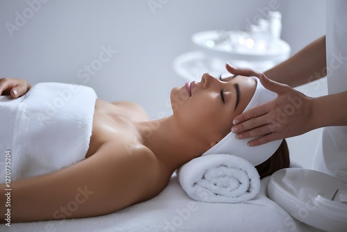 In a spa salon, a young, attractive girl is resting with a facial massage.