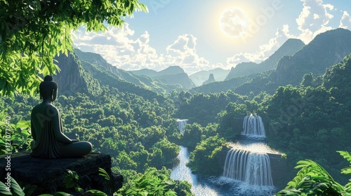 Fototapeta Naklejka Na Ścianę i Meble -  Serene Buddha Statue Overlooking Lush Green Landscape and Waterfall