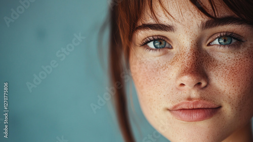 Close-up of a young woman with freckles and striking blue eyes, showcasing natural beauty and clear skin against a simple background. photo