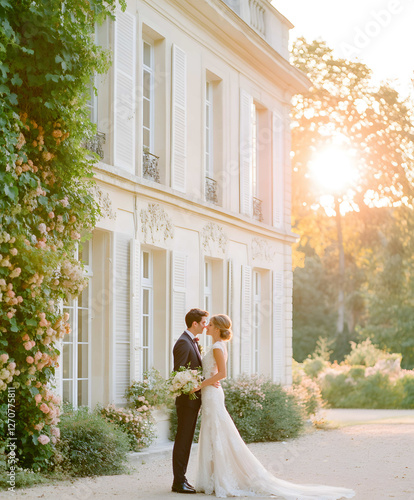 Gorgeous wedding couple against sunset rays, in an old estate