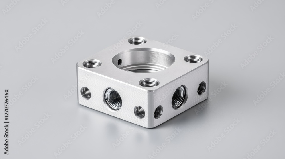 Fototapeta premium Precision Engineered Aluminum Square Component with Multiple Ports for Industrial Applications