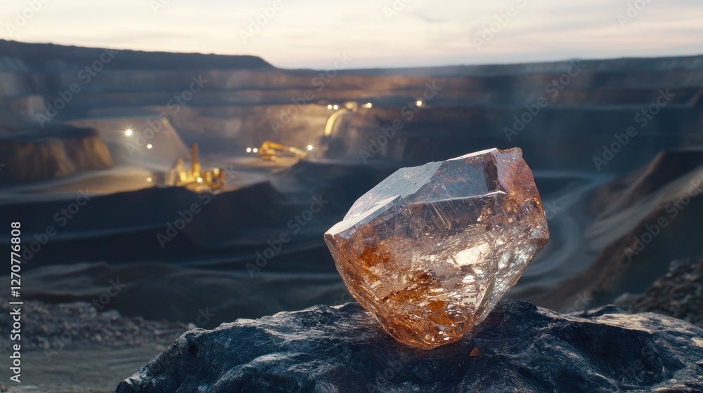 Obraz premium Rough diamond, mine backdrop, sunset, mining, industry