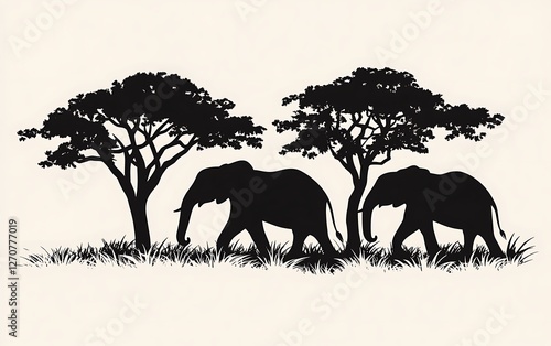 Silhouette elephants in African savanna landscape, decorative photo