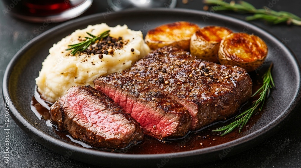 A plated meal featuring steak, mashed potatoes, and roasted vegetables garnished with herbs. A plated meal featuring steak, mashed potatoes, and roasted vegetables garnished with herbs.
