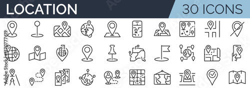 Set of 30 outline icons related to location. Linear icon collection. Editable stroke. Vector illustration	
