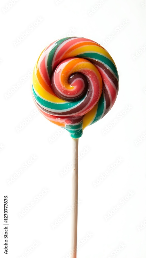 Colorful spiral lollipop on a stick with a mix of yellow, red, and green stripes Colorful spiral lollipop on a stick with a mix of yellow, red, and green stripes