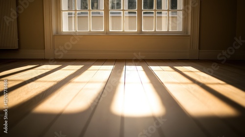 Sunlight streams through window onto hardwood floor. Interior design, home d?cor