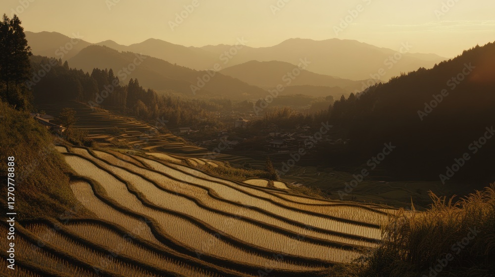 Fototapeta premium Sunset over terraced rice paddies, mountain village, autumnal landscape, peaceful scene, travel photography