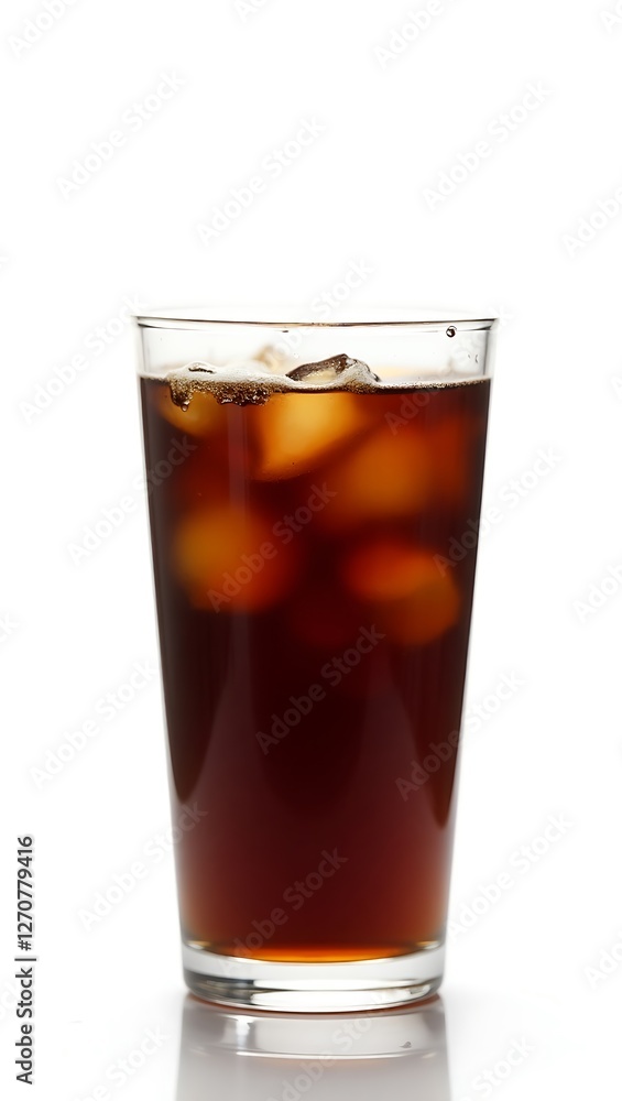Refreshing beverage served with ice in a clear glass against a plain backdrop Refreshing beverage served with ice in a clear glass against a plain backdrop