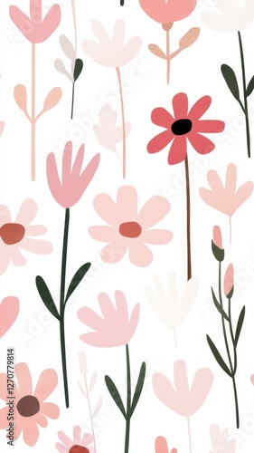 Wallpaper Mural Whimsical floral pattern with pink and red blooms on white background Torontodigital.ca