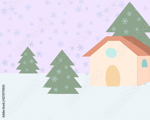 Illustration of a winter scene with a house and pine trees photo