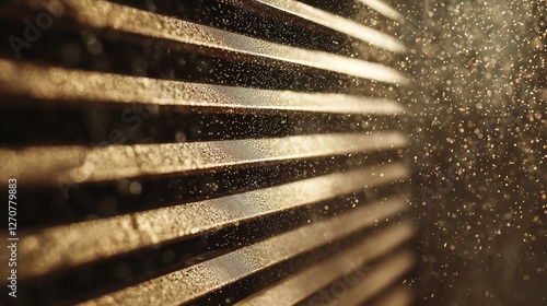 Closeup of dusty wooden venetian blinds, highlighting texture and neglect.