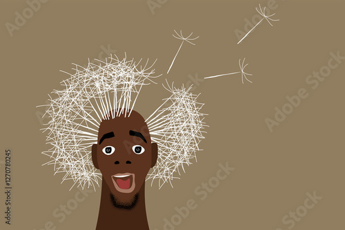 Cartoon illustration of a man with dandelion hair representing hair loss concept